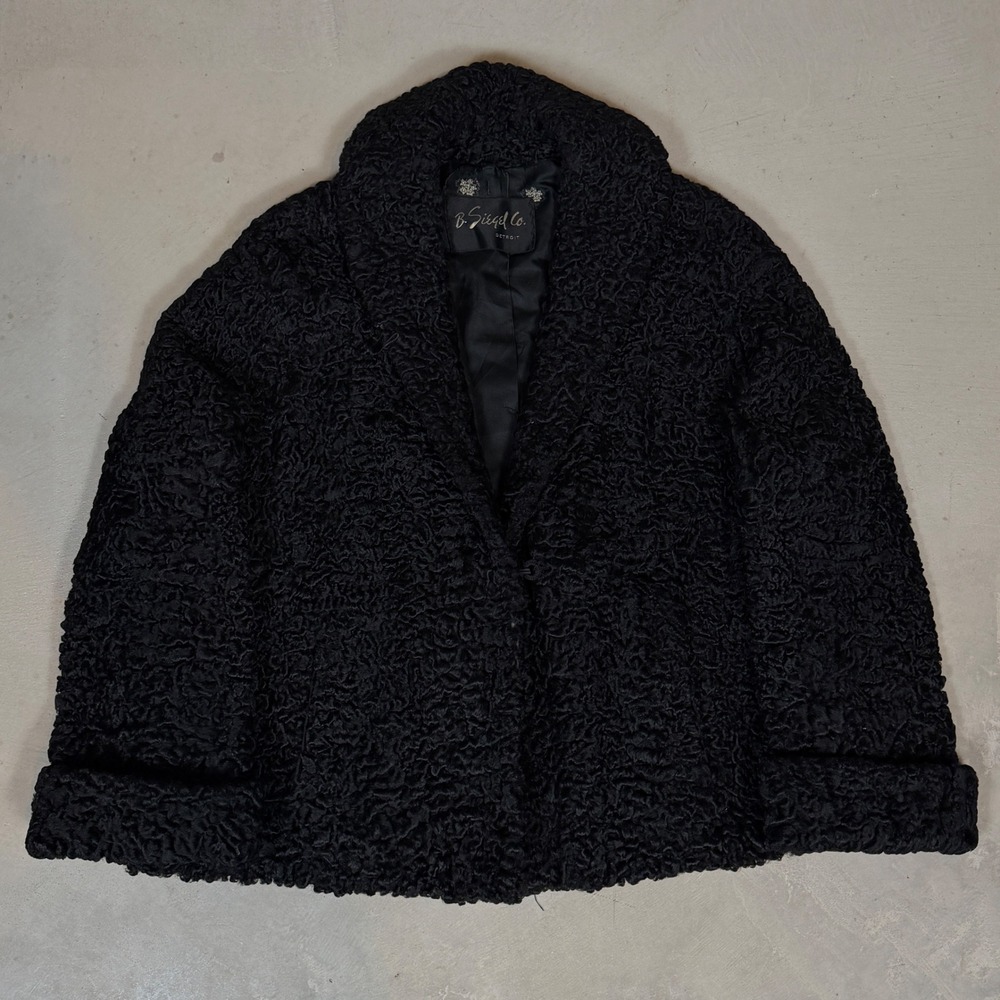 Vintage B Siegel Co Black Curly Persian Lamb Fur Coat Jacket Shawl Collar